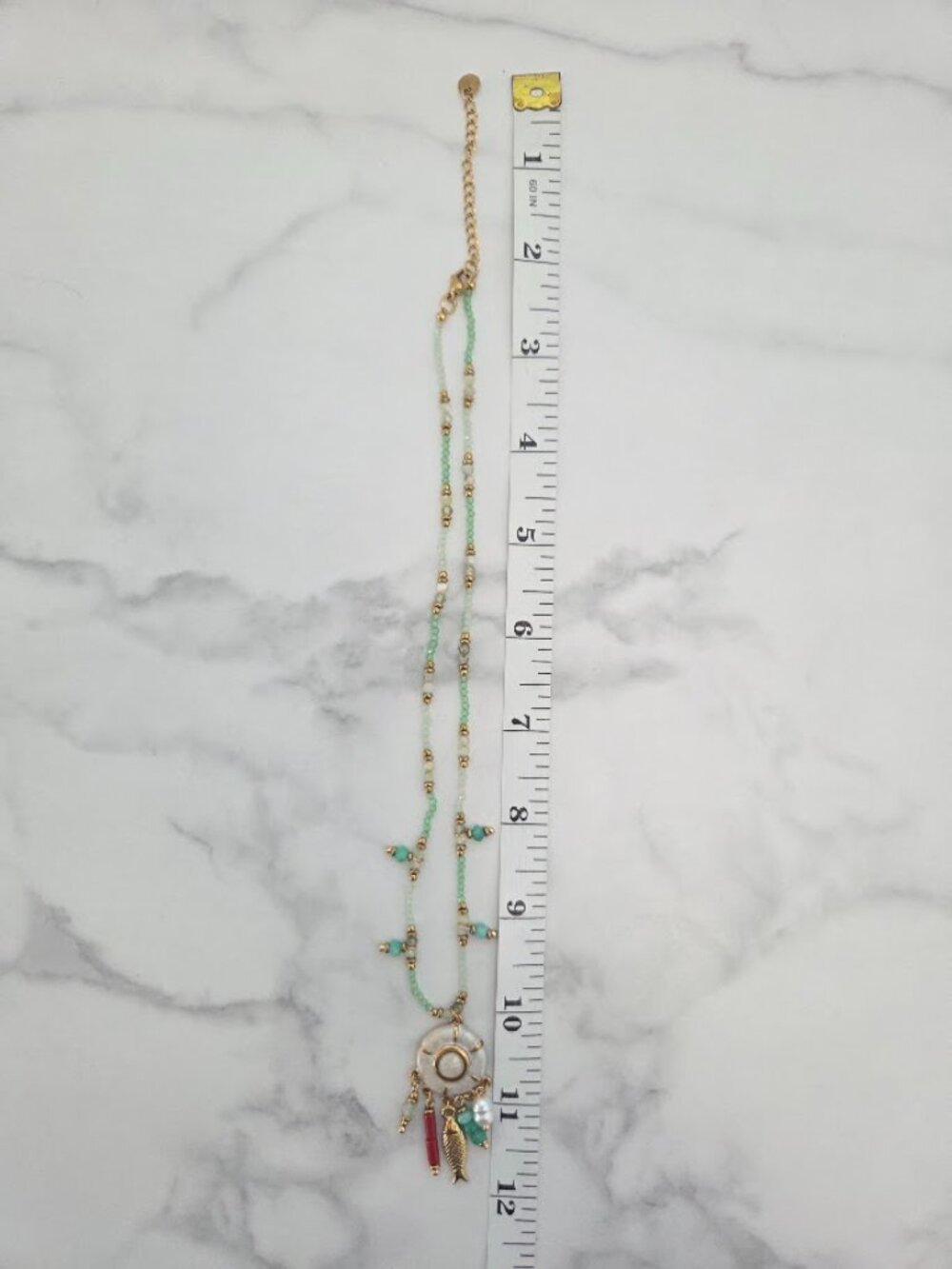 Boho Gold Tone Mint Green Beaded Necklace Fish Charm Dangle Pendant - Picture 11 of 16